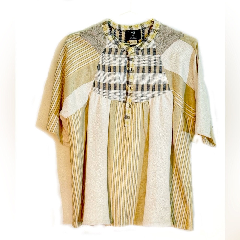 Women’s Patchwork Striped Beige Cotton Shirt, Barney’s NYC, Ace & Jig, L